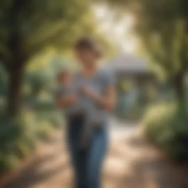 A serene outdoor scene featuring a parent wearing a mesh ring sling while enjoying nature.