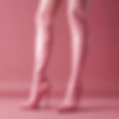 Close-up of luxurious materials used in pink thigh high heels