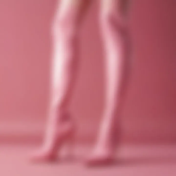 Close-up of luxurious materials used in pink thigh high heels