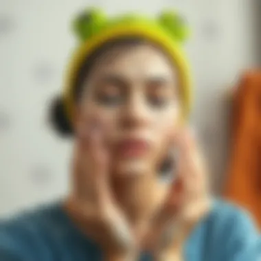 A person applying facial cleanser while wearing a frog headband