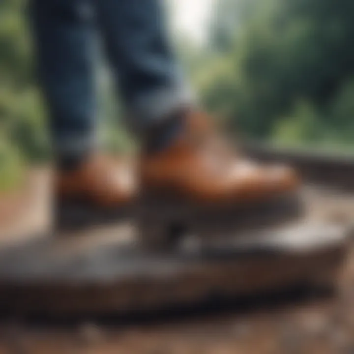 Feet in platform walking shoes on various terrains