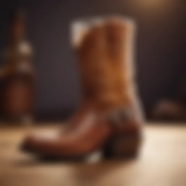 Close-up view of a cowboy boot shot glass filled with whiskey