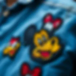 A close-up view of a vibrant Disney embroidery patch featuring iconic characters