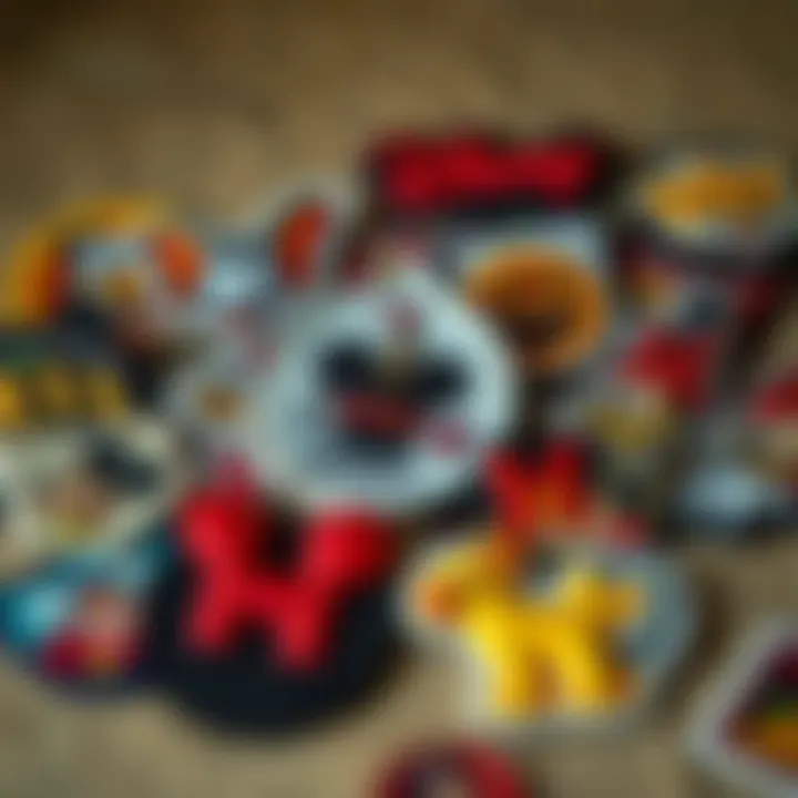 An assortment of Disney embroidery patches displayed artistically on a textured background