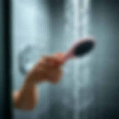 User demonstrating the ergonomic grip of a silicone hair brush while showering.