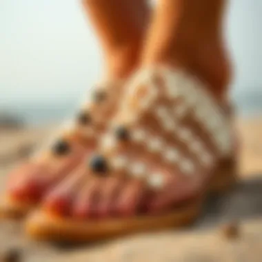 Close-up of the intricate craftsmanship of black pearl sandals