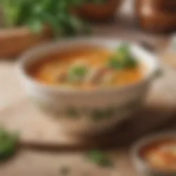 Close-up of a compostable soup bowl with vibrant soup and herbs