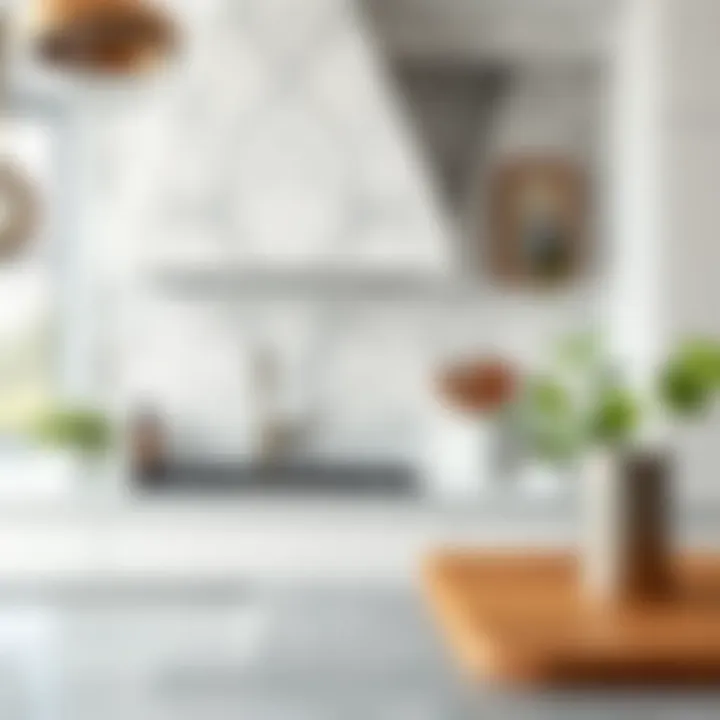 Kitchen with faux marble peel and stick wallpaper as a backsplash