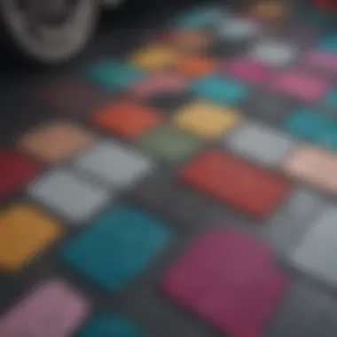 Various styles of glitter car floor mats displayed in a showroom