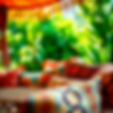 Close-up of colorful textiles and cushions in an outdoor setting.
