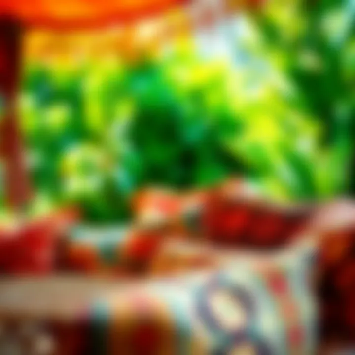 Close-up of colorful textiles and cushions in an outdoor setting.