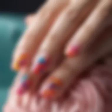 Close-up of colorful jelly nail wraps displaying intricate patterns