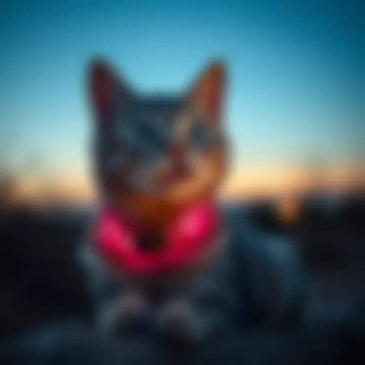 A cat wearing an LED collar while exploring outdoors at dusk.