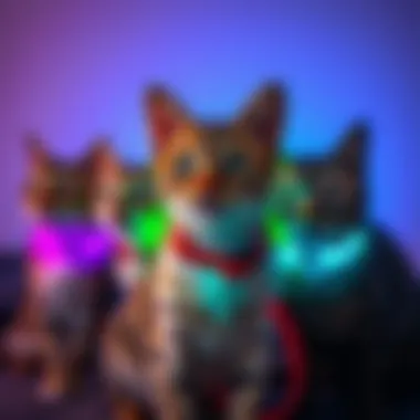 A variety of LED collars displayed together, highlighting different colors and styles.