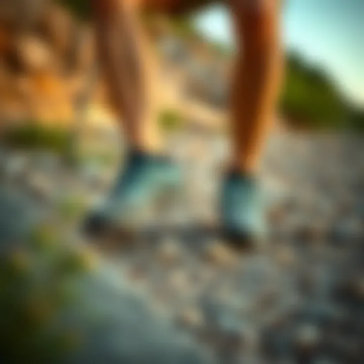 A hiker wearing Merrell Alverstone shoes on a rocky trail