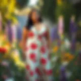 A stunning plus-size model showcasing a floral midi dress in a vibrant garden setting