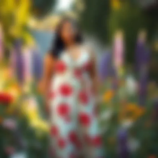 A stunning plus-size model showcasing a floral midi dress in a vibrant garden setting