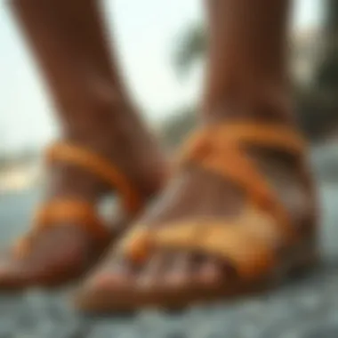 Close-up of apricot sandals showcasing their texture and design