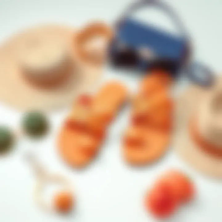 A flat lay of apricot sandals with complementary accessories