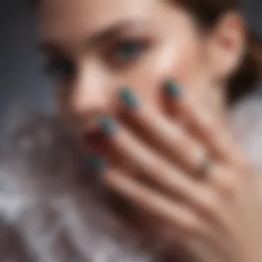 An artistic display of nails adorned with chameleon flakes in various lighting