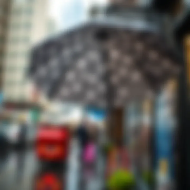 Polka dot umbrella in a stylish urban setting