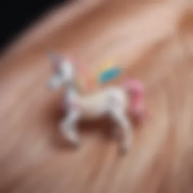 Close-up of a uniquely designed unicorn hair clip made from sustainable materials.