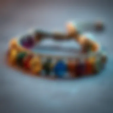 A close-up of a beautifully crafted chakra diffuser bracelet.