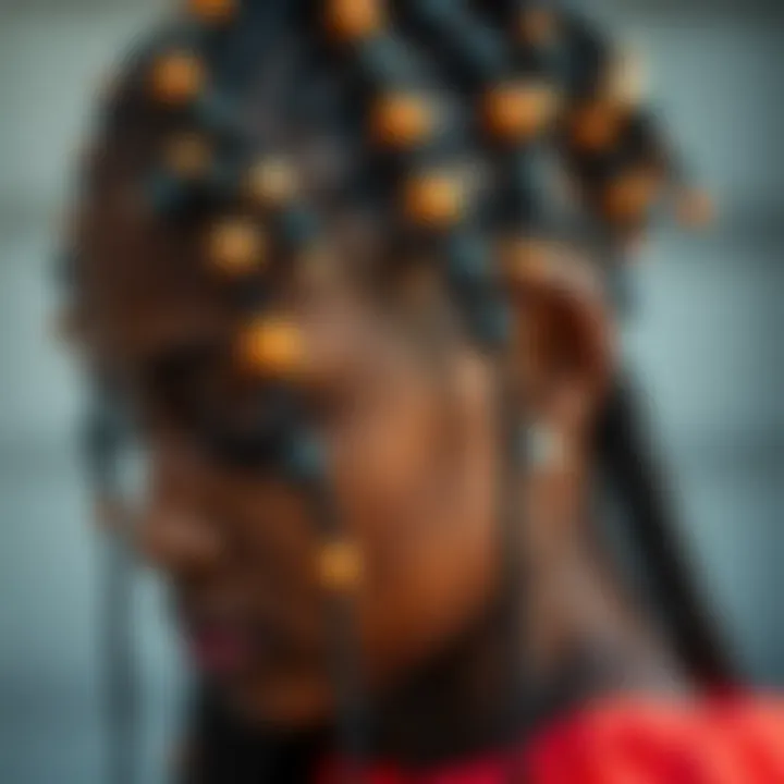 Close-up of artistic arrangements of hair beads on braided hairstyles