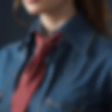 Close-up of tie neck detail on denim blouse