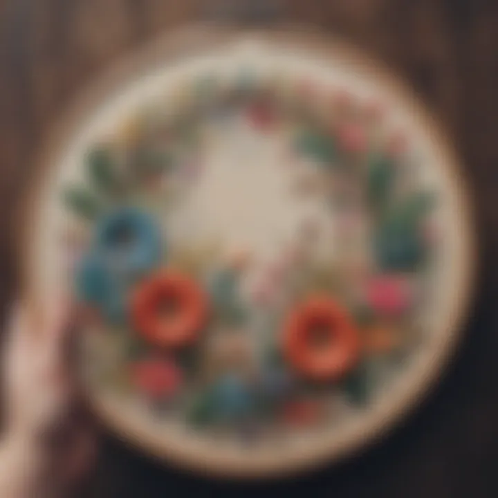 Close-up of intricate embroidery within a vintage wooden hoop