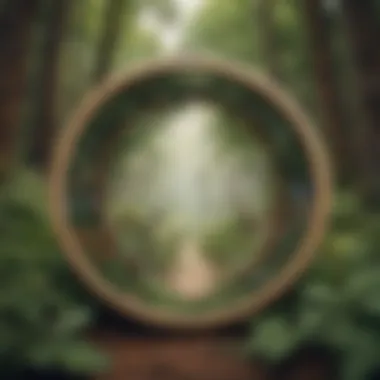 A serene outdoor scene featuring a vintage wooden hoop and nature elements