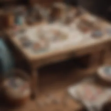 A workshop table set up with vintage wooden embroidery hoops and crafting materials
