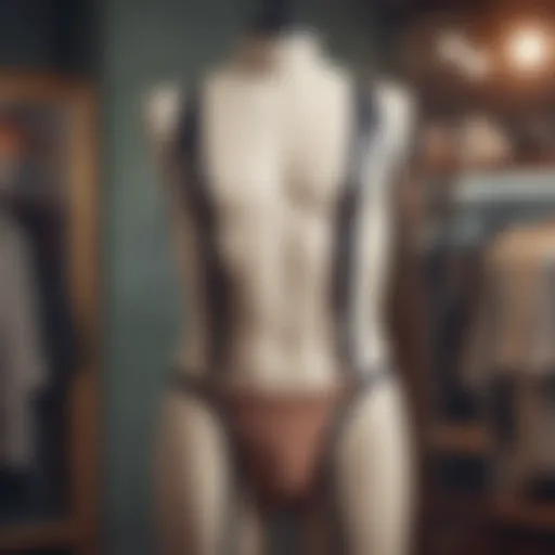 A stylish display of suspender thongs on a mannequin