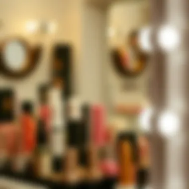 Close-up of a mirror showcasing makeup organization