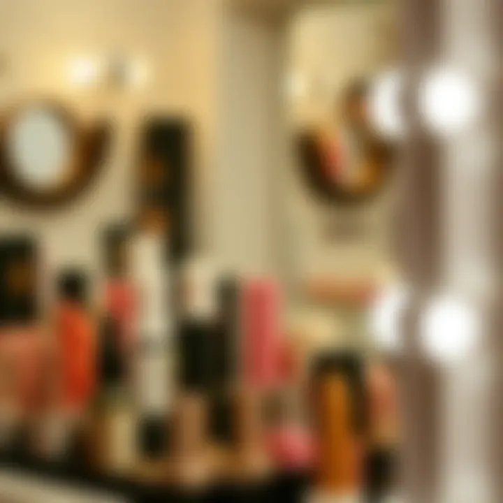 Close-up of a mirror showcasing makeup organization