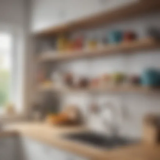 Organized kitchen shelves with plastic mesh liners