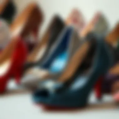 A variety of thick kitten heels in different colors and textures