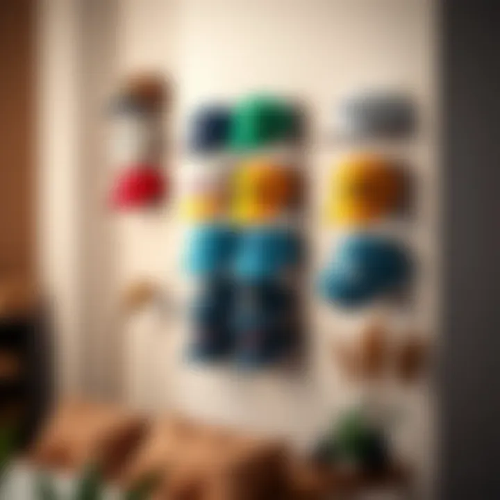 Stylish wall rack with colorful baseball caps in a cozy room