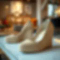 Elegant pair of beige wedge shoes on a stylish background