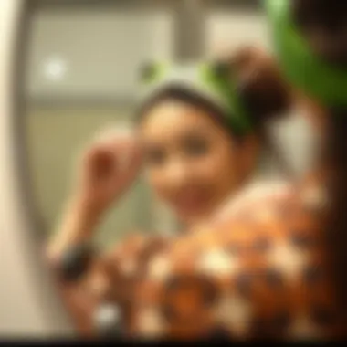 Fashionable individual showcasing the frog headband in a mirror