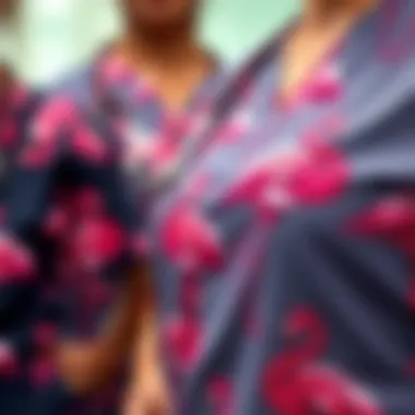 Close-up of flamingo motif on medical apparel