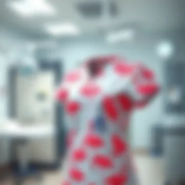 Flamingo patterned scrub top displayed in a clinical setting