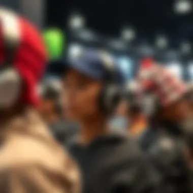 An array of different hats equipped with headphone features on display.