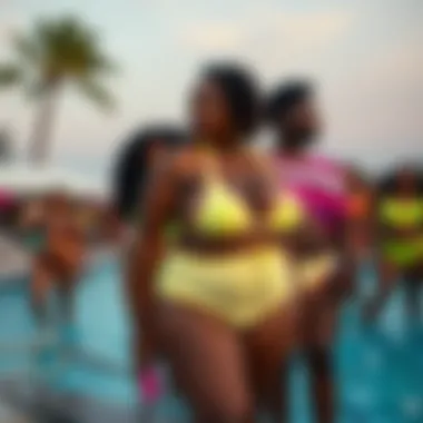 Diverse individuals confidently wearing neon swimwear at a pool party