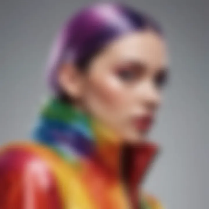 A vibrant display of clothing adorned with rainbow cling film accents, showcasing its unique texture and color interplay.