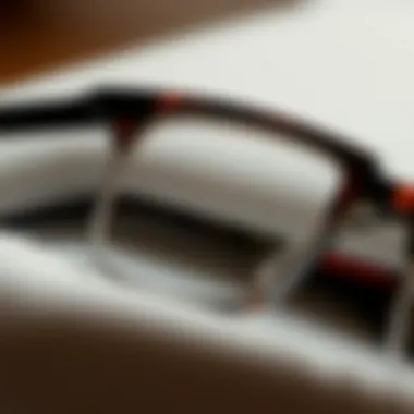 Close-up of the intricate material details of rectangle half frame glasses