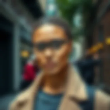 Person modeling rectangle half frame glasses in an urban setting