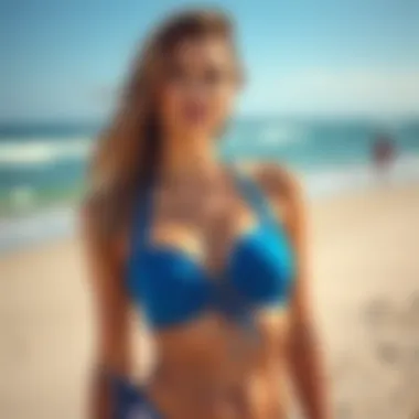 Elegant blue bikini top on a sandy beach