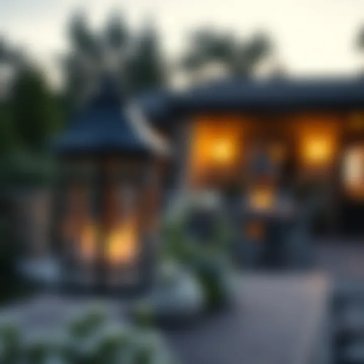 Black farmhouse lanterns illuminating an outdoor patio setting at dusk