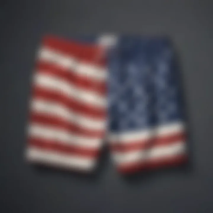 A variety of styles of American flag shorts arranged aesthetically